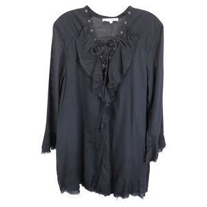 Iro Mini Raw Edge Bell Sleeve V-Neck Dress in Black Cotton